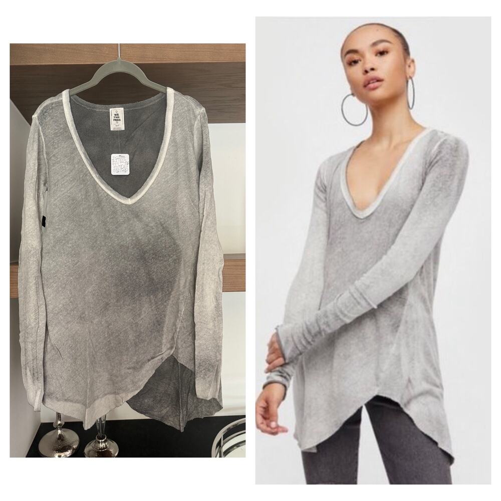 Free People We The Free Long Beach Tee in Acid Wash Grey
